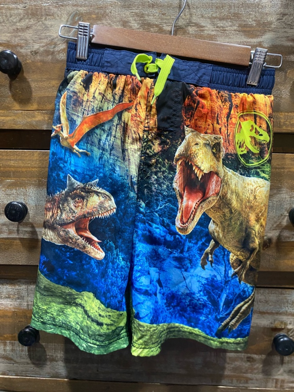 Kids Blue & Green Dinosaur Swim Trunks with Neon Drawstring
